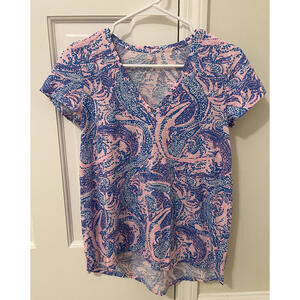 Lilly Pulitzer Etta V Neck Top, hot pink & blue, Size S, vacation, preppy